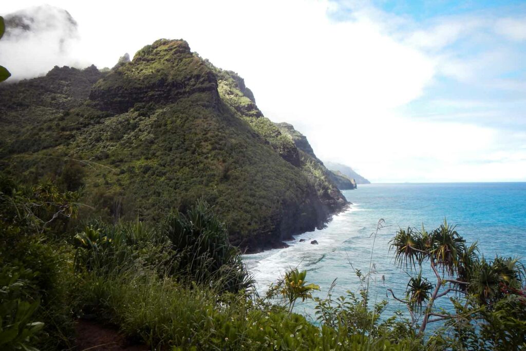A view of the Na Pali Coast from the Kalalau hiking trail in Kauai, Hawaii, with the ocean meeting the steep lush green cliffs.