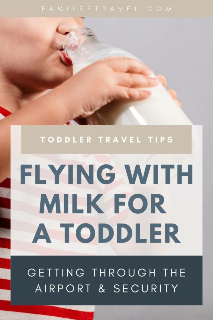 A close-up of a toddler in a red and white striped shirt drinking from a glass bottle of milk. The image features overlaid text that reads 'Toddler Travel Tips: Flying with Milk for a Toddler - Getting Through the Airport & Security'.